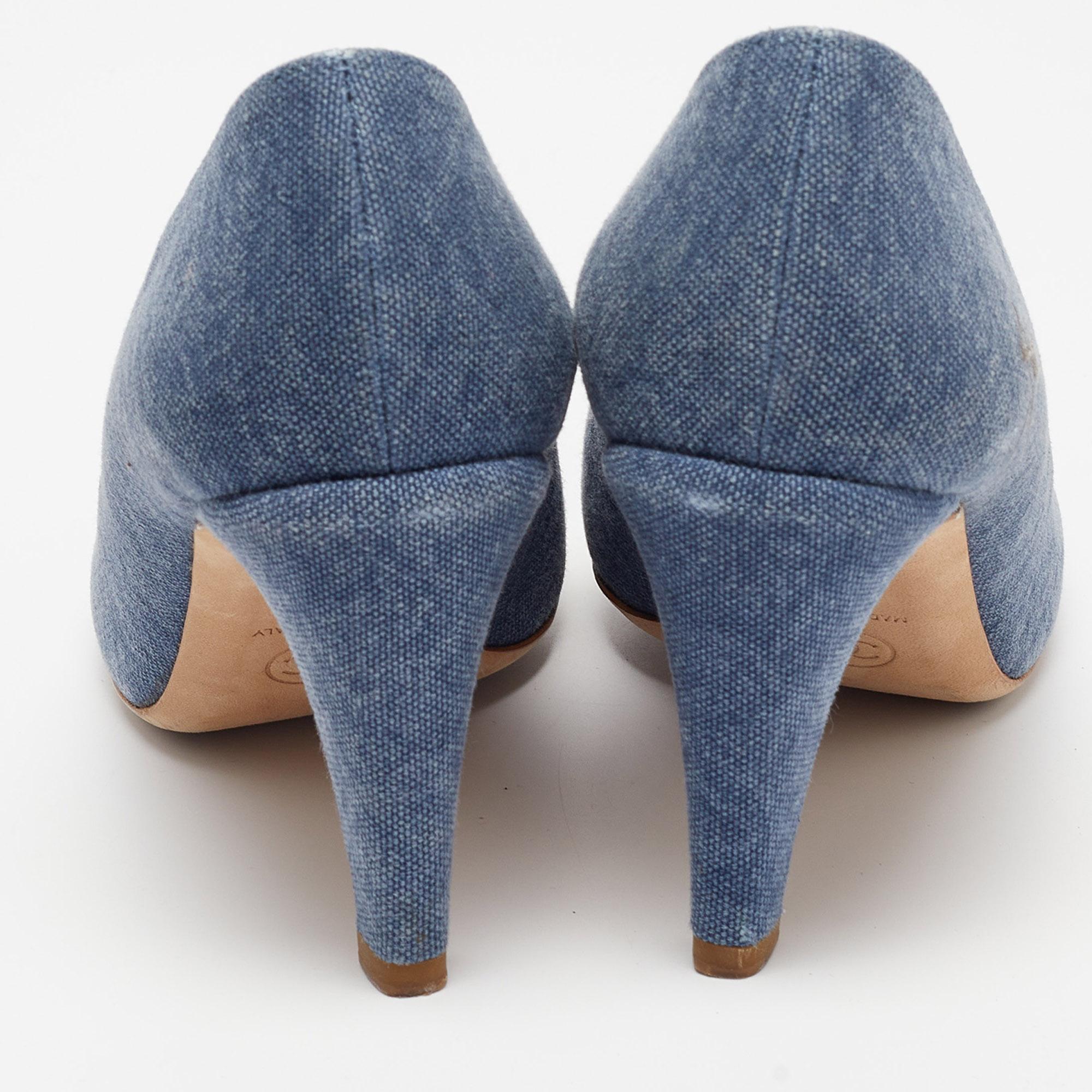 Women's Chanel Blue/Grey Denim Camelia Cap Toe Pumps Size 38.5