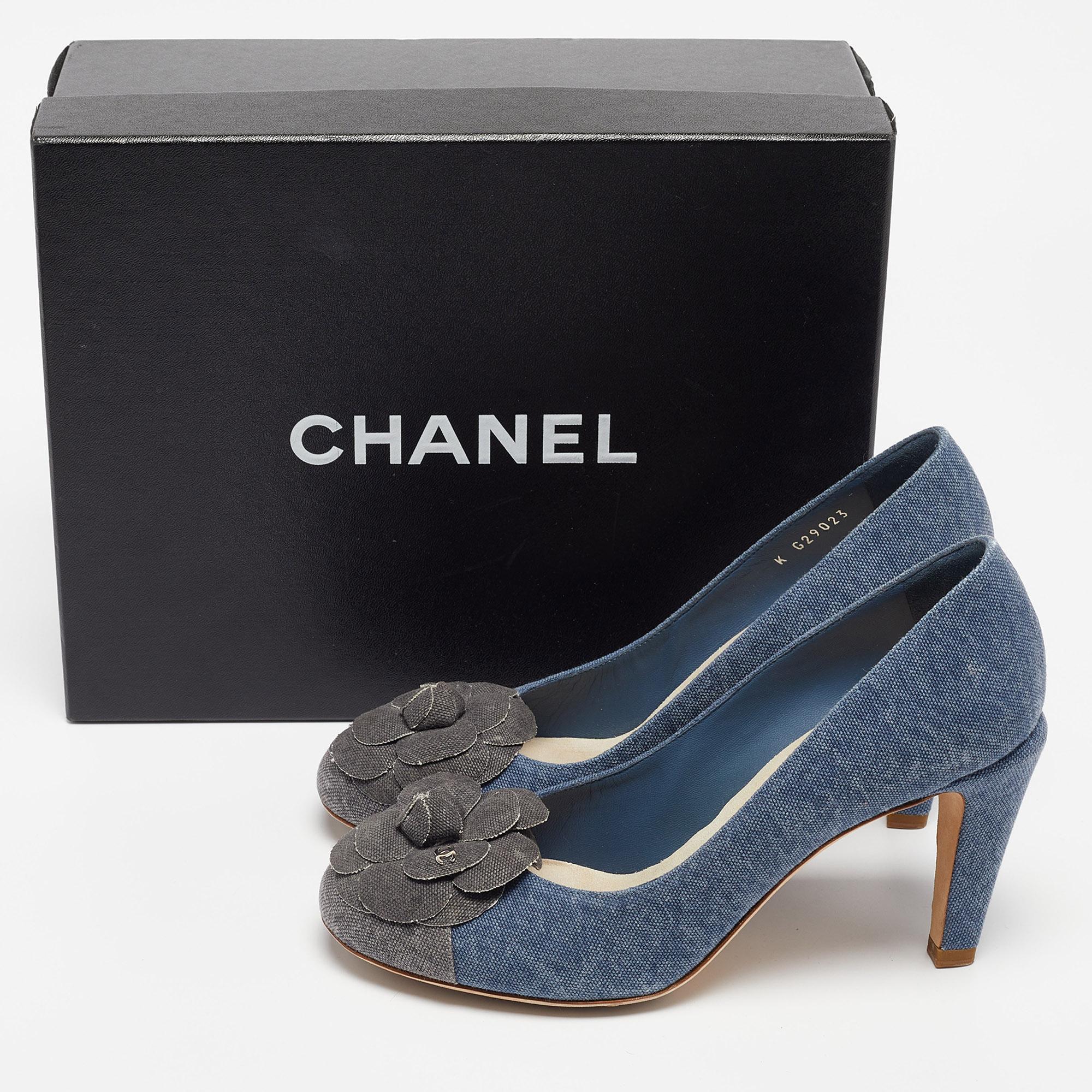 Chanel Blue/Grey Denim Camelia Cap Toe Pumps Size 38.5 4