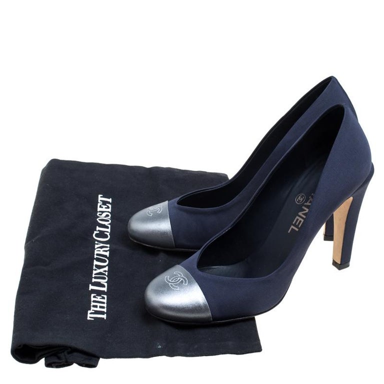 Chanel Blue/Grey Fabric and Leather CC Cap Toe Pumps Size 38 For Sale ...