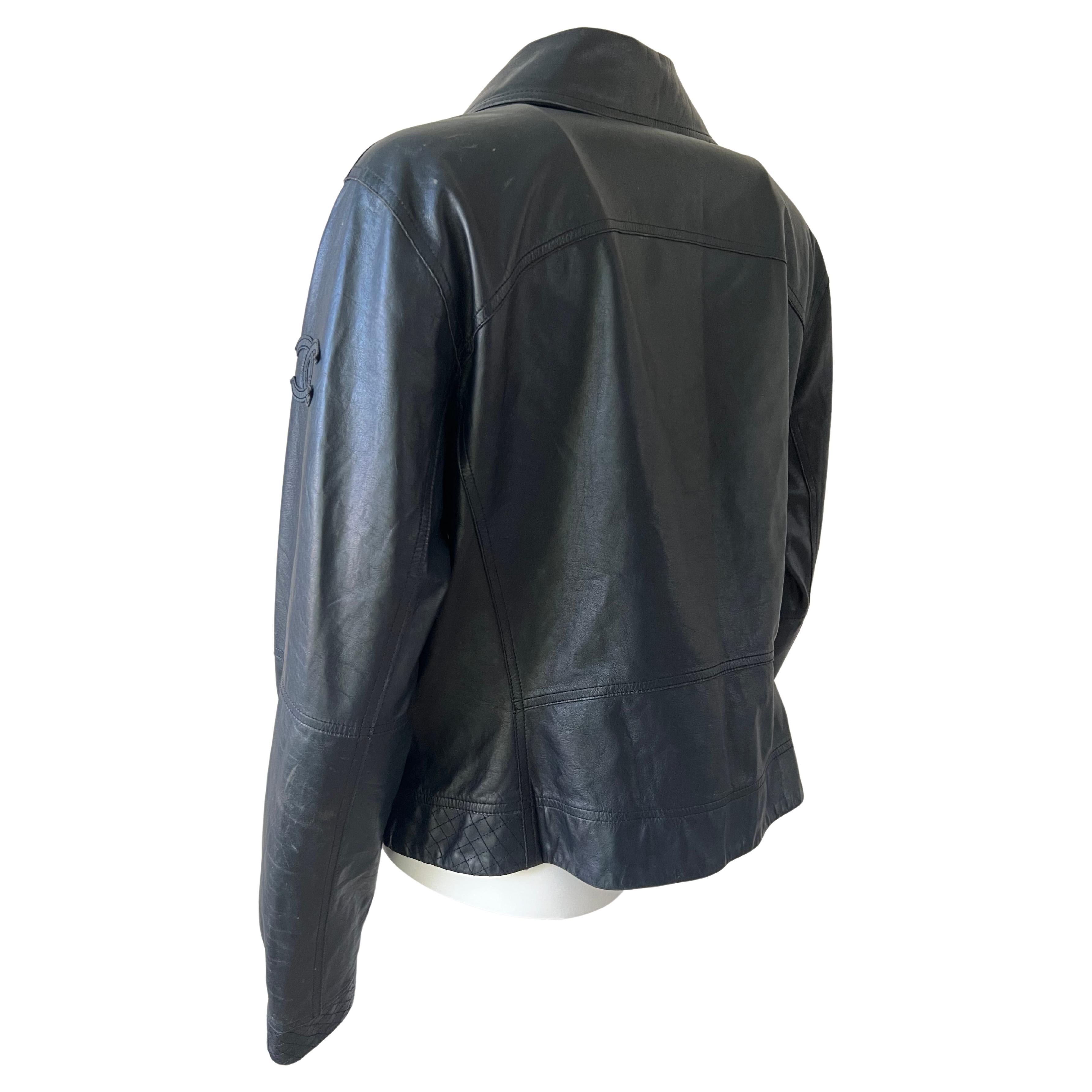 Chanel blue Grey Perfecto Leather Jacket In Fair Condition For Sale In Palm Beach, FL