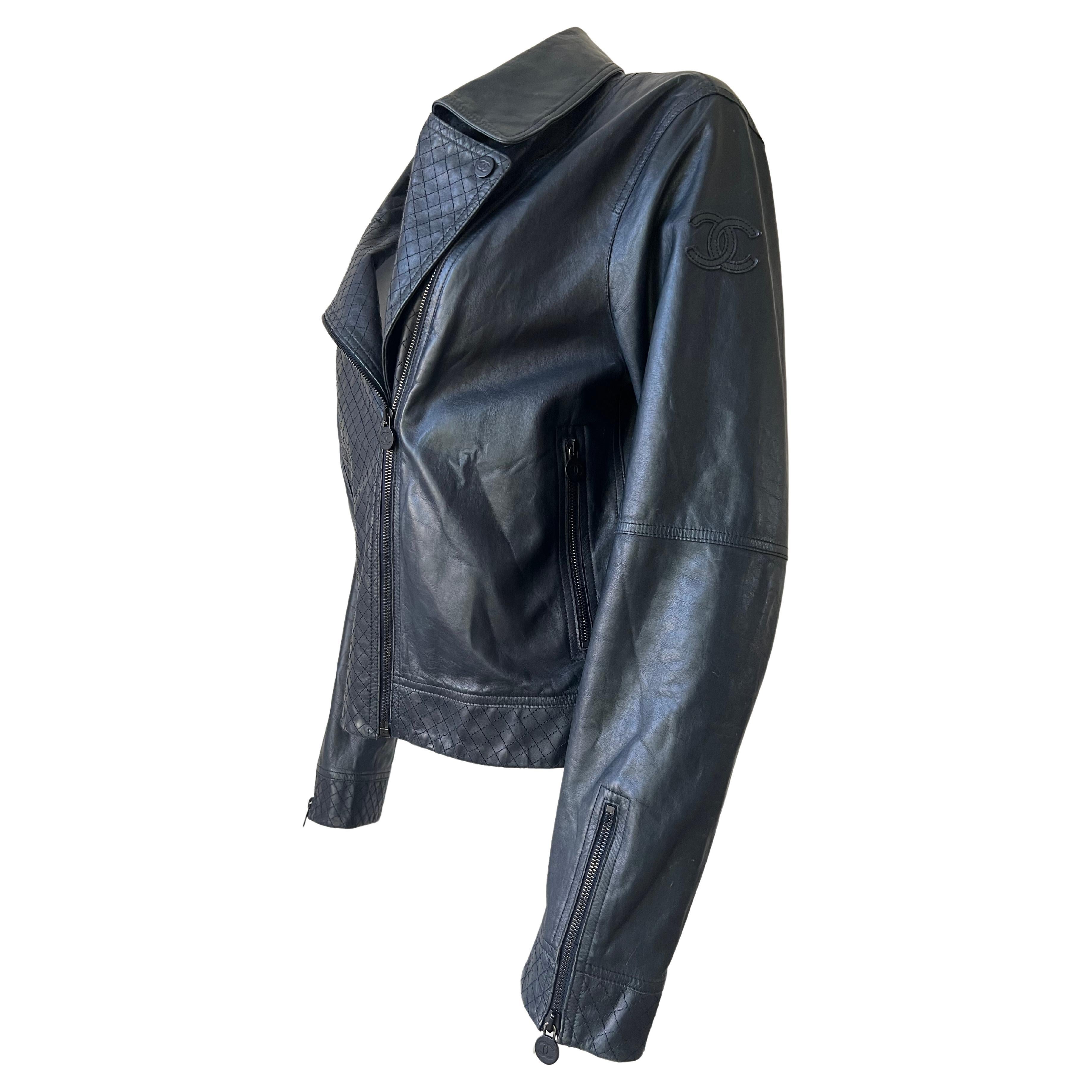 Chanel blue Grey Perfecto Leather Jacket For Sale 1