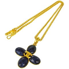Vintage Chanel Blue Gripoix Gold Charm Logo Camellia Evening Drop Link Chain Necklace