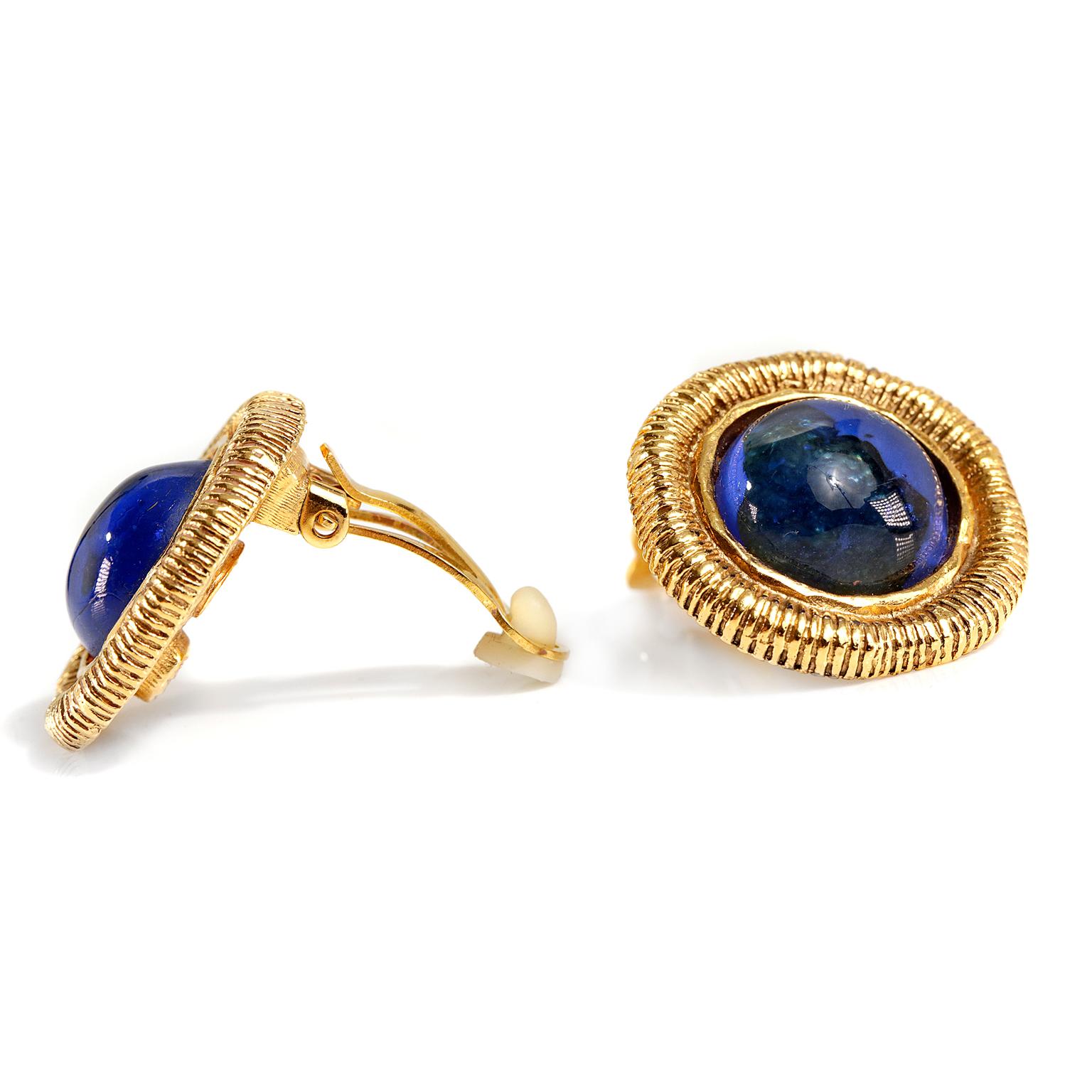 Women's Chanel Blue Gripoix Gold Clip On Earrings For Sale