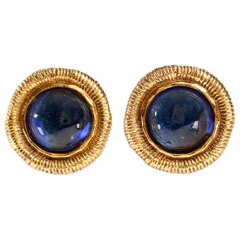 Chanel Blue Gripoix Gold Clip On Earrings For Sale