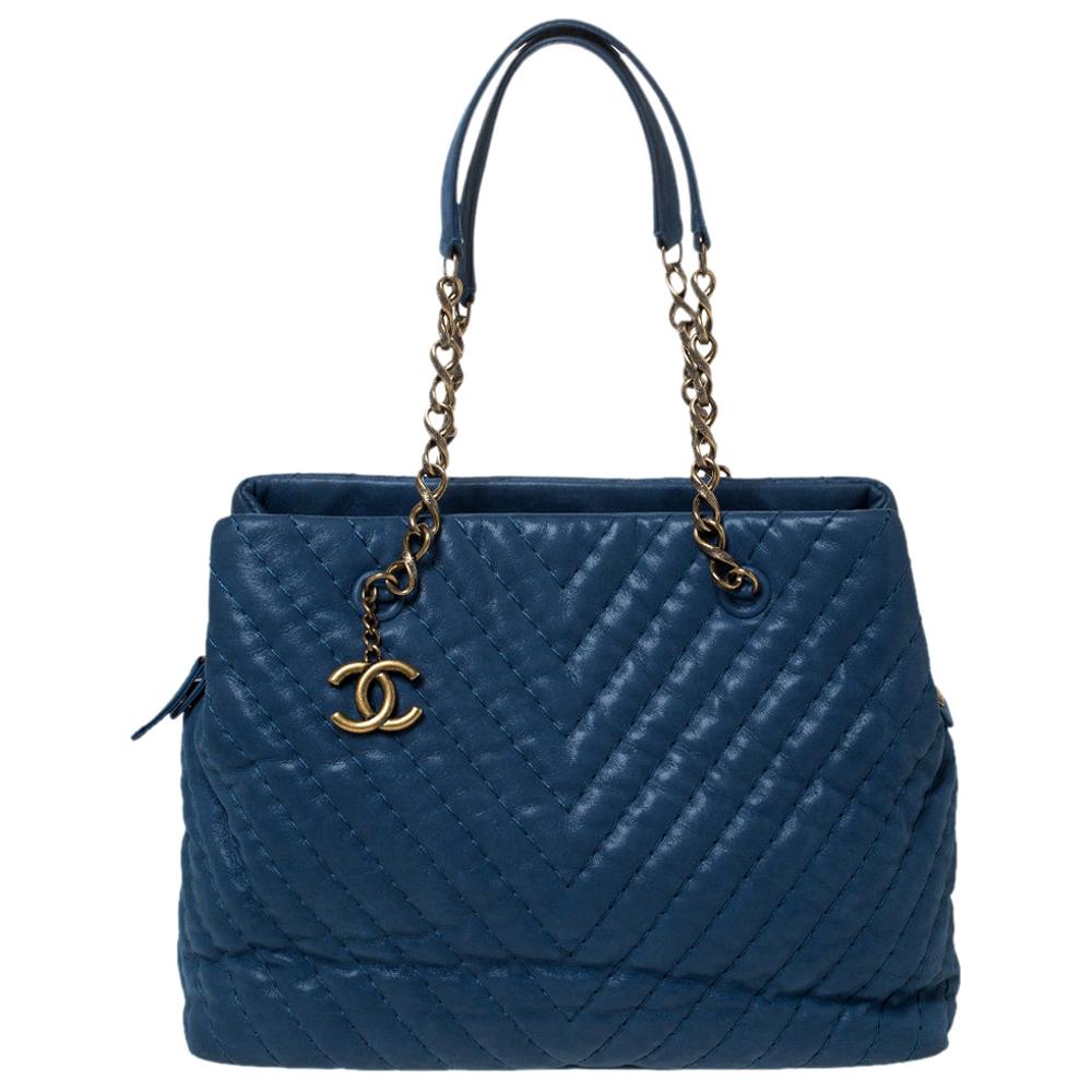 Chanel Blue Iridescent Chevron Leather Chain Bag