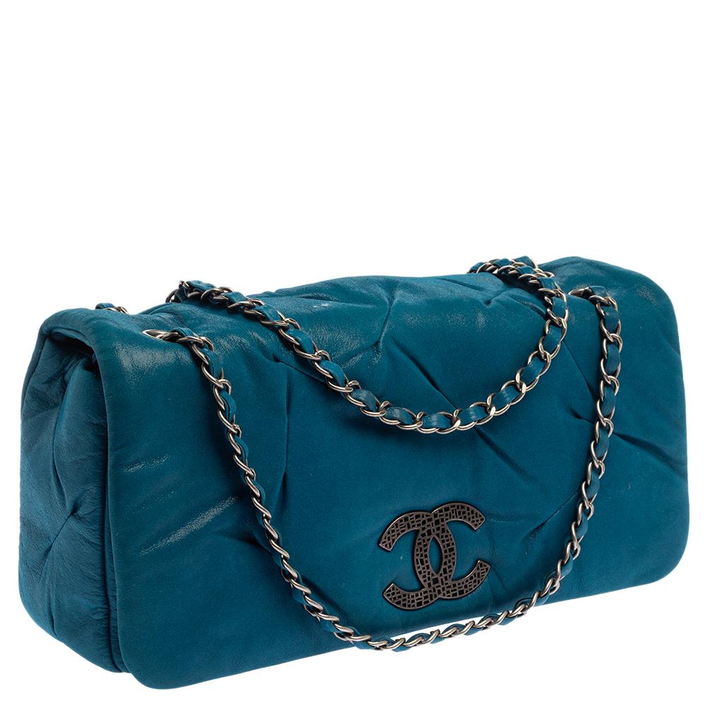 Women's Chanel Blue Iridescent Glint Leather East West Flap Shoulder Bag