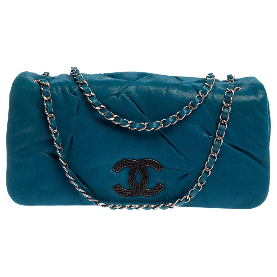 Chanel Blue Iridescent Glint Leather East West Flap Shoulder Bag