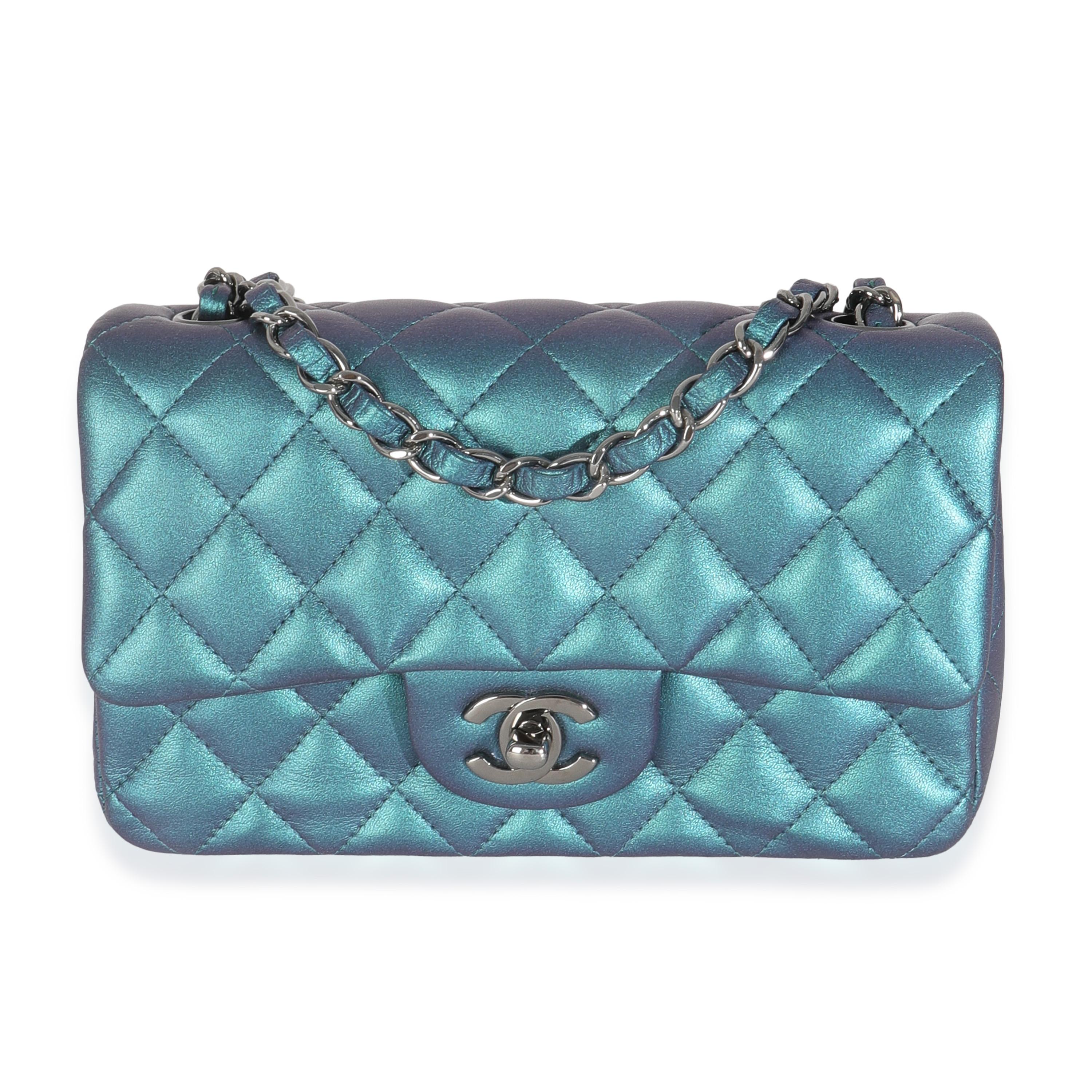 Chanel Blue Iridescent Quilted Calfskin Mini Rectangular Flap Bag For Sale