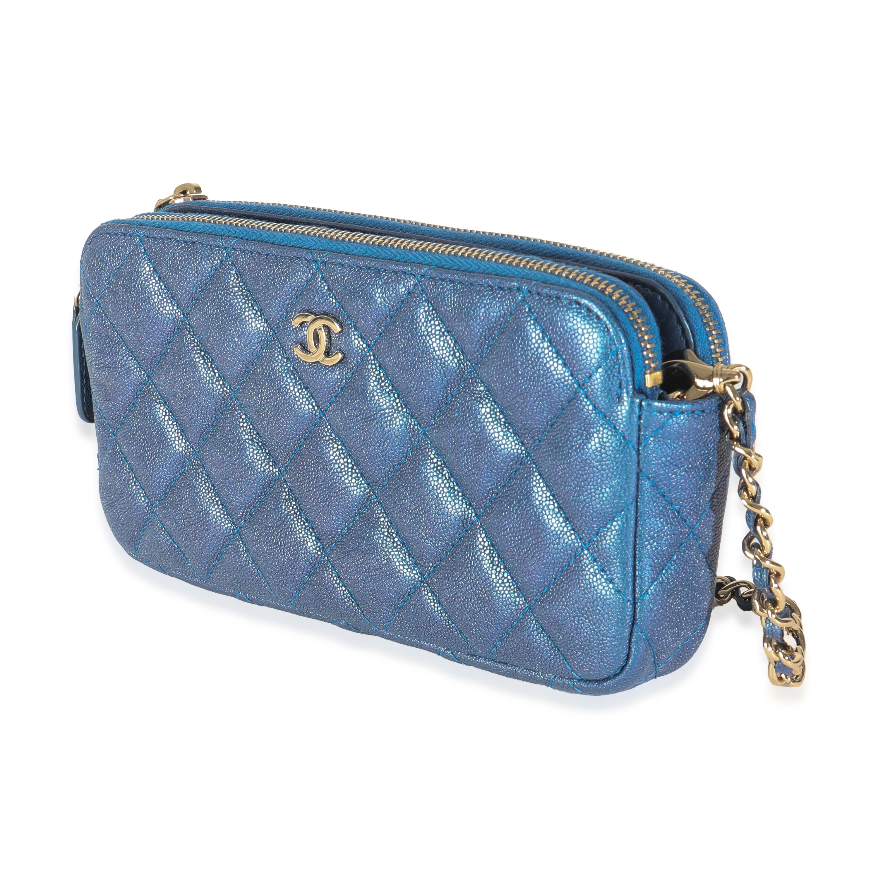 Women's or Men's Chanel Blue Iridescent Quilted Caviar Small Clutch With Chain For Sale