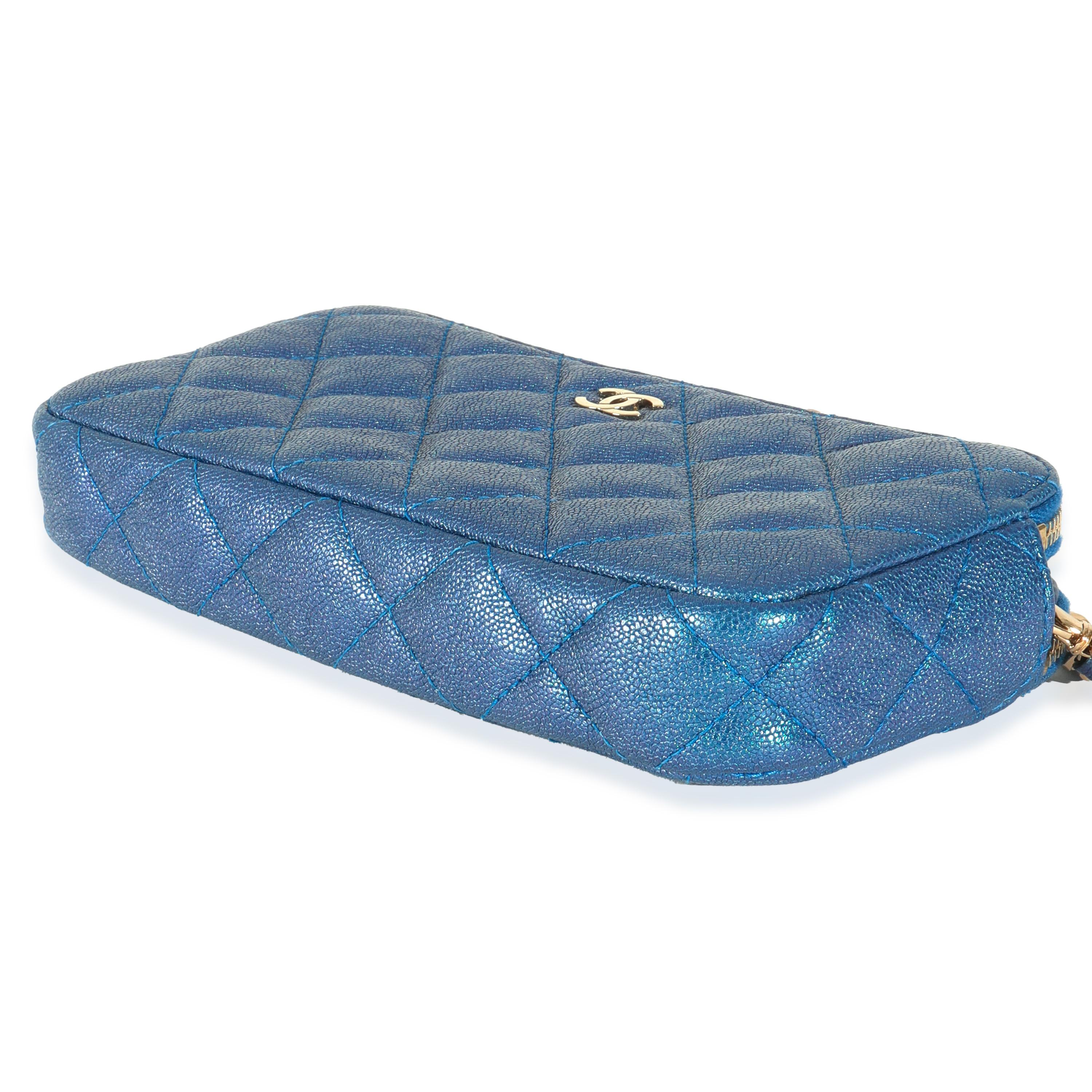 Chanel Blue Iridescent Quilted Caviar Small Clutch With Chain For Sale 1