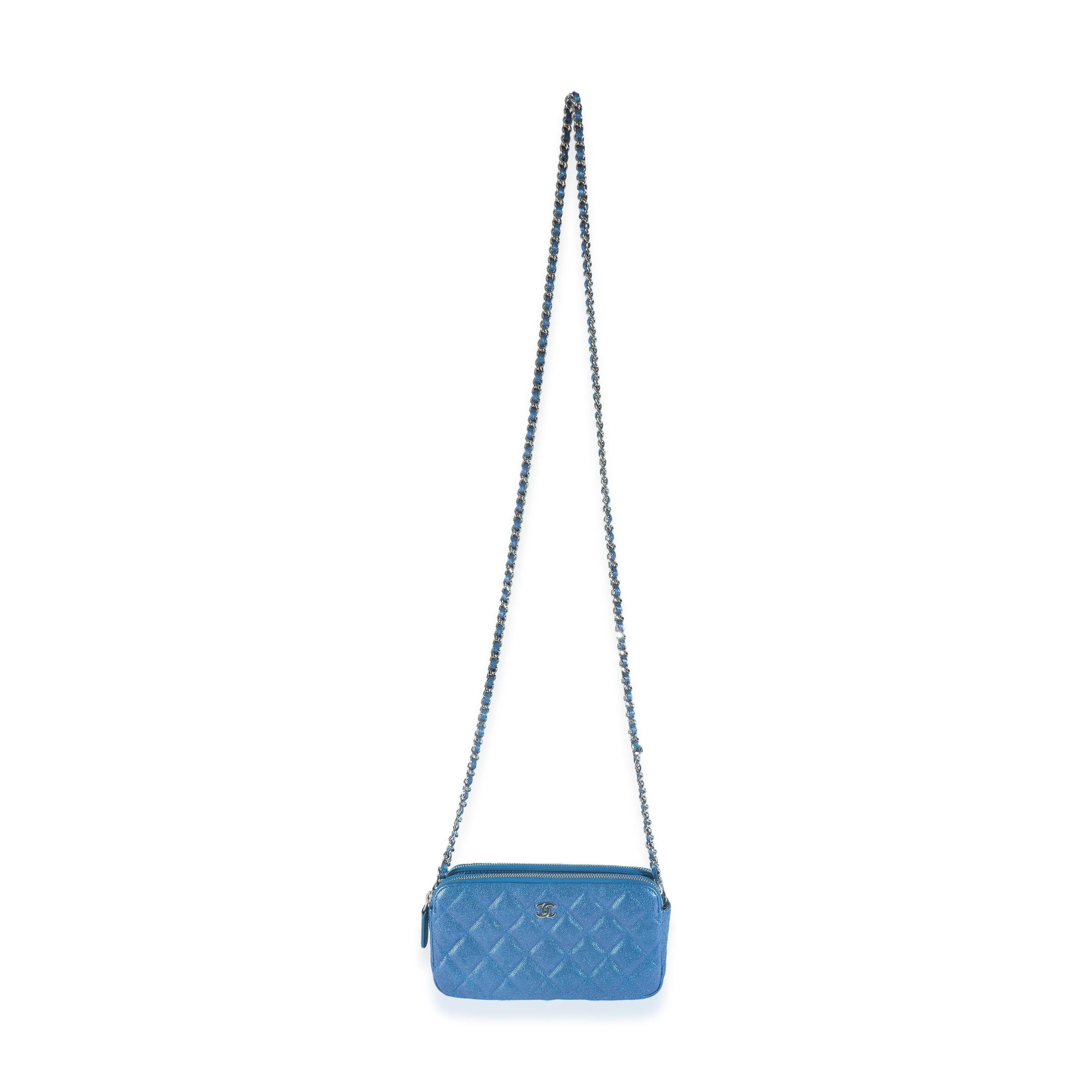 Chanel Blue Iridescent Quilted Caviar Small Clutch With Chain For Sale 2