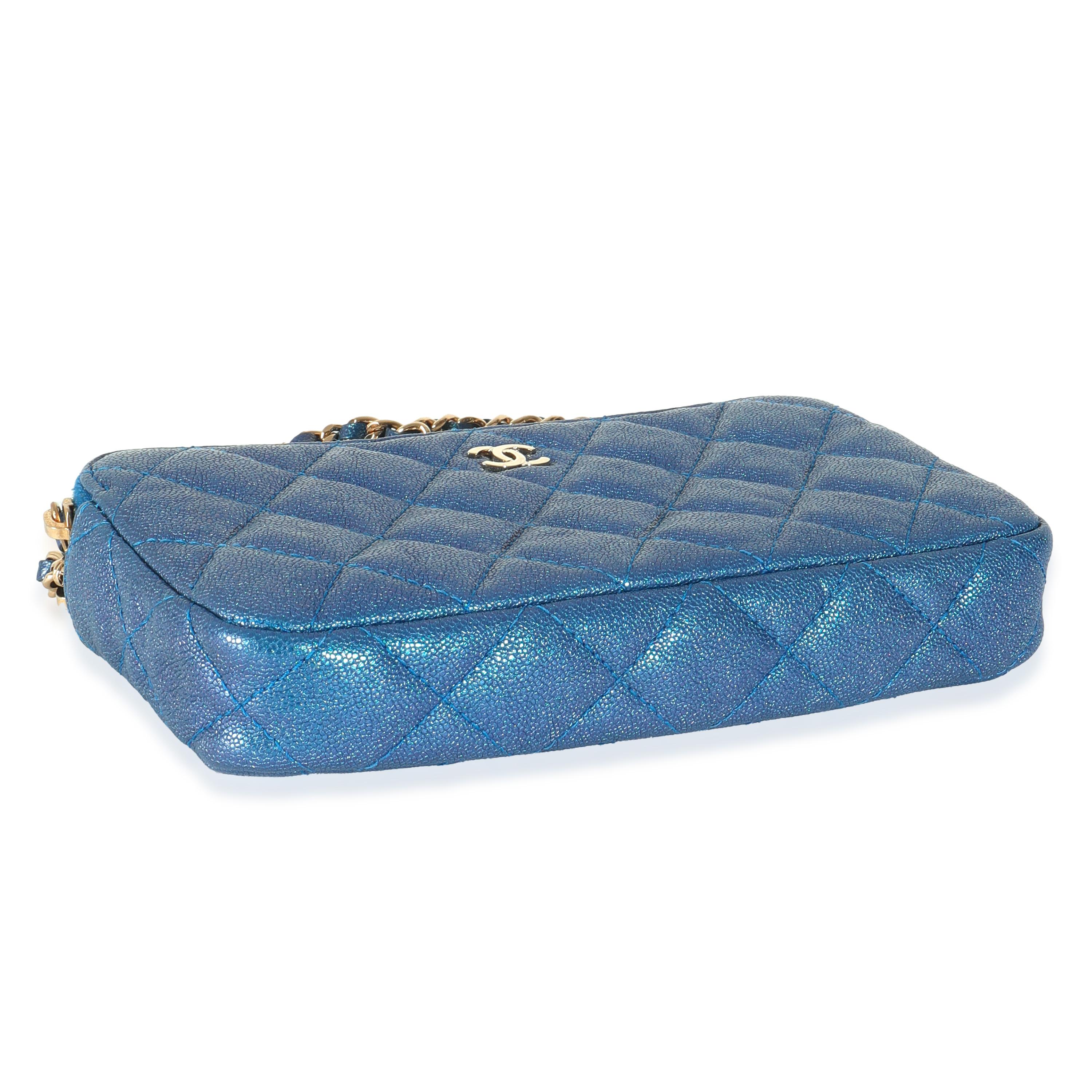 Chanel Blue Iridescent Quilted Caviar Small Clutch With Chain For Sale 3