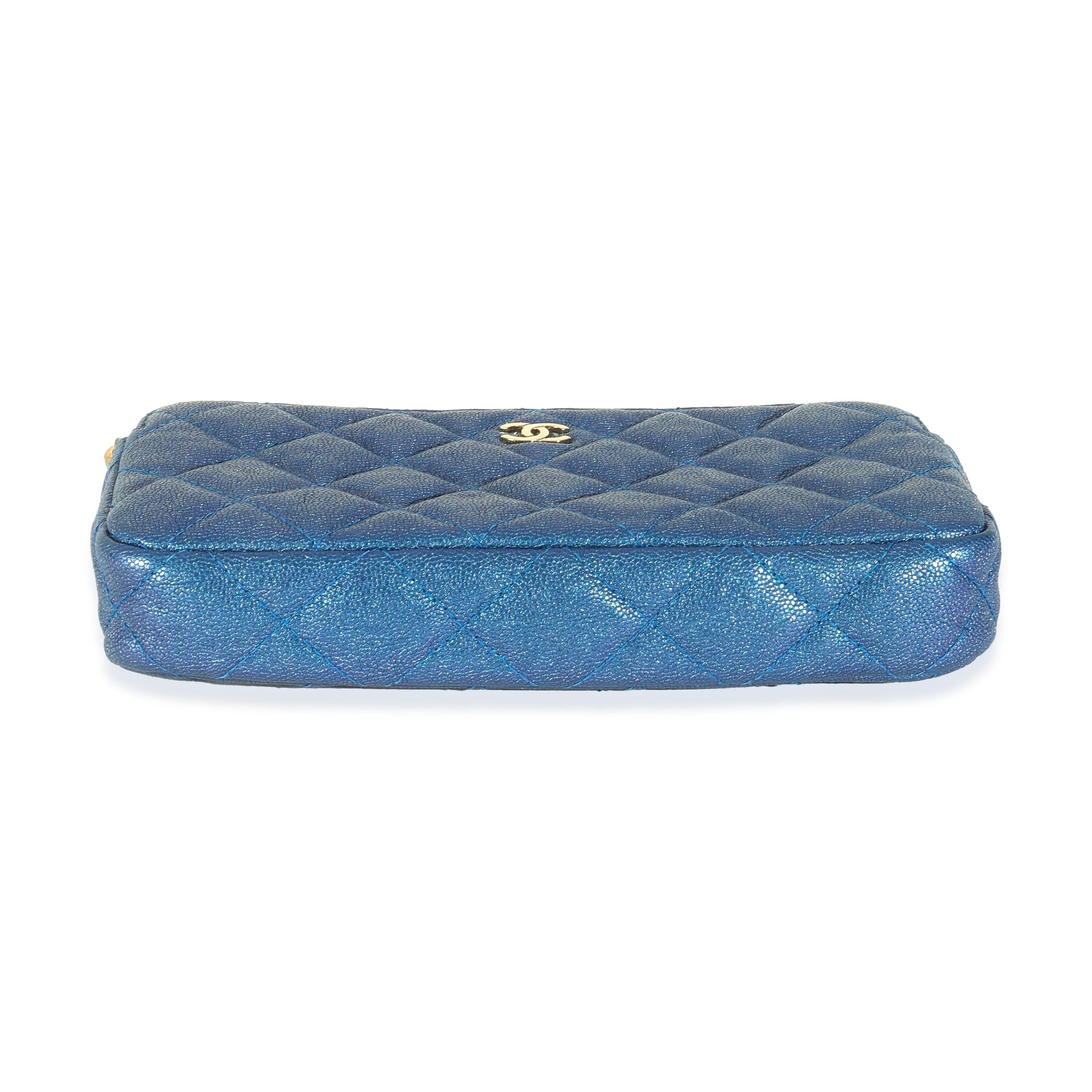 Chanel Blue Iridescent Quilted Caviar Small Clutch With Chain For Sale 4