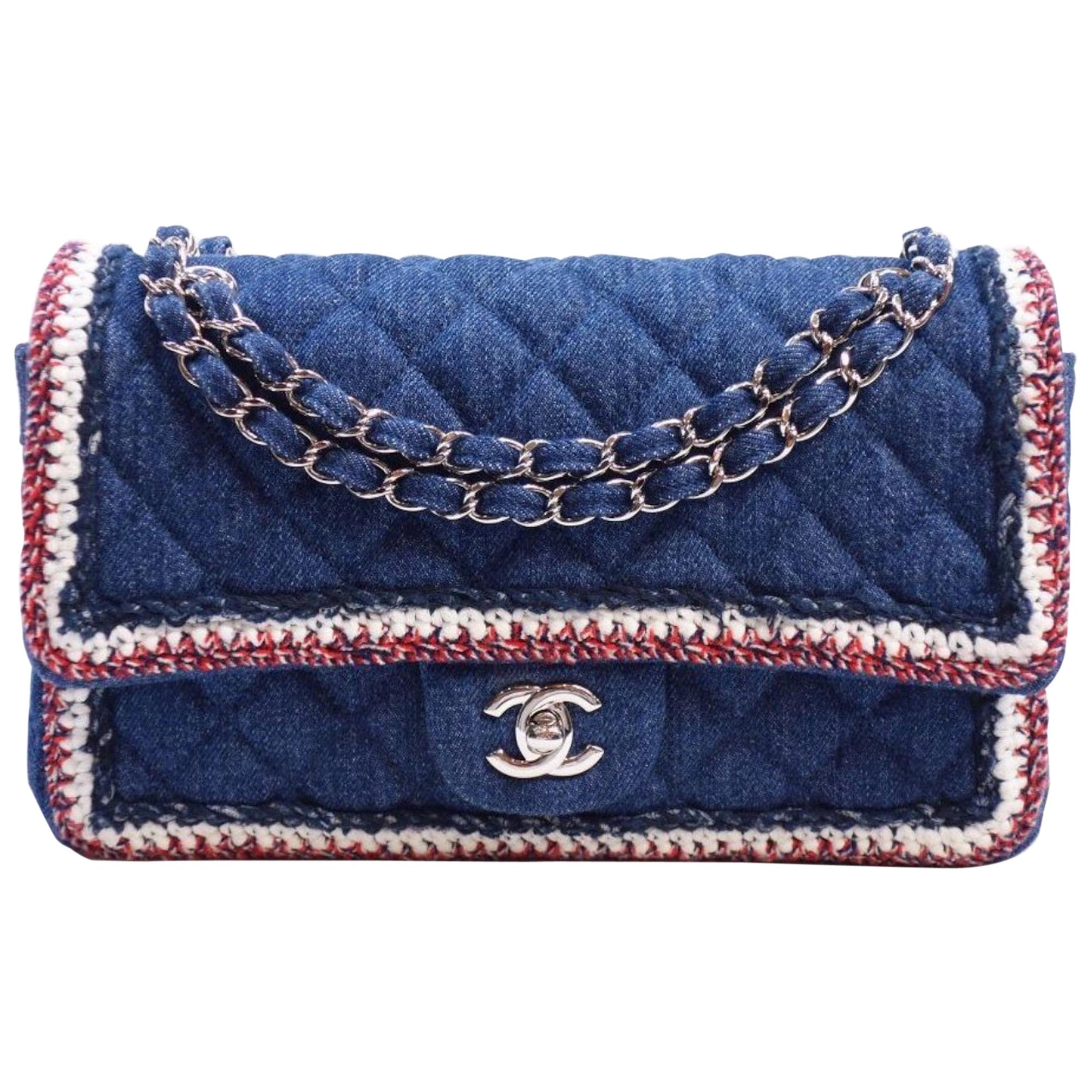 Chanel Blue Jean Red White Silver Quilted Evening Shoulder Flap Bag