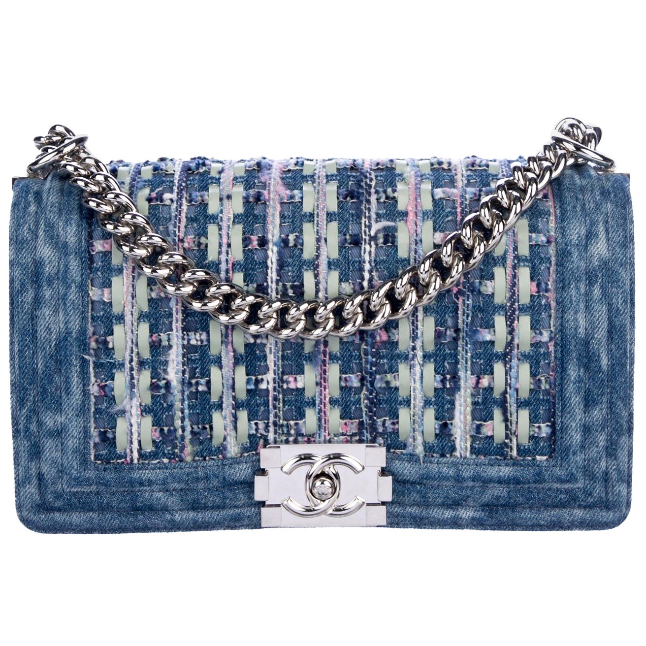 Chanel NEW  Blue Jean Stonewash Denim Pink Silver Evening Shoulder Flap Bag