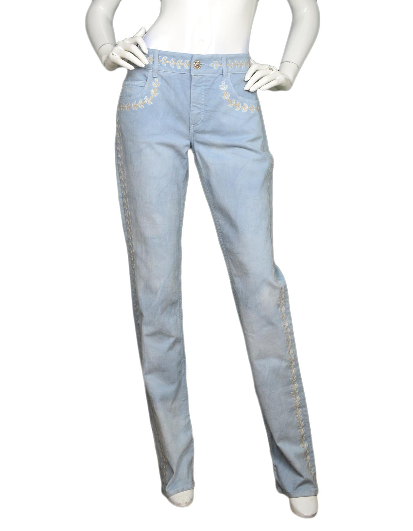 Chanel Blue Jeans W/ Floral Embroidery & CC Sz 40

Made In: Italy
Color: Light blue, tan 
Materials: 98% cotton, 2% elastomultiester 
Overall Condition: Excellent pre-owned condition 
Estimated Retail: $1,310 + tax
Includes: Original