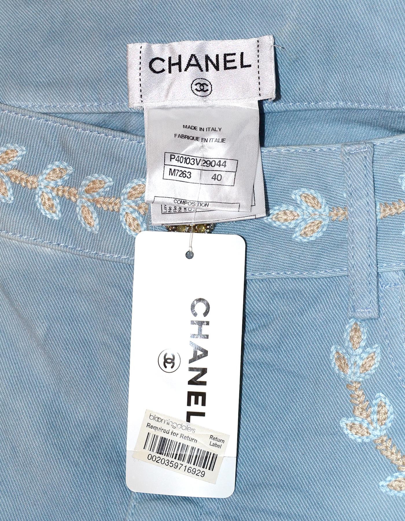 Women's Chanel Blue Jeans W/ Floral Embroidery & CC Sz 40