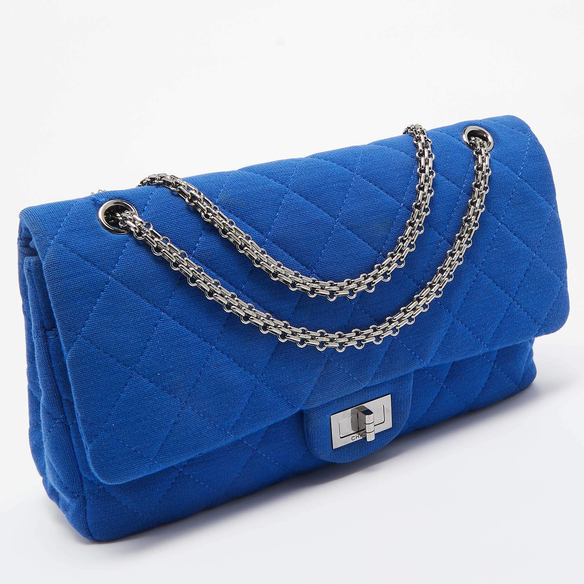 Chanel Blue Jersey Classic 227 Reissue 2.55 Flap Bag In Good Condition For Sale In Dubai, Al Qouz 2