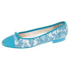 Chanel Blue Lace And Canvas CC Bow Cap Toe Ballet Flats Size 39