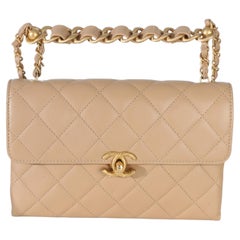 Chanel Beige Quilted Lambskin Chain Top Handle Small Flap Bag
