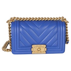 Chanel Blue Lambskin Chevron Quilted Small Boy Bag