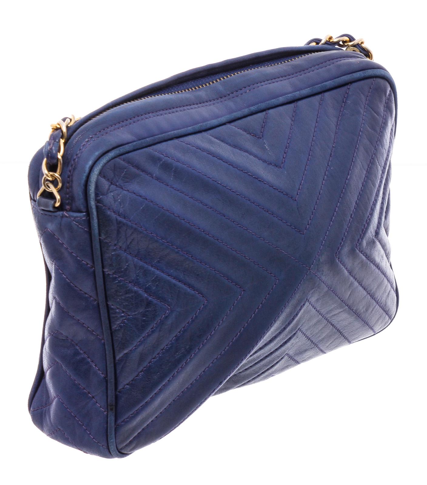 Chanel Blue Lambskin Chevron Tassel Camera Shoulder Bag In Fair Condition In Irvine, CA