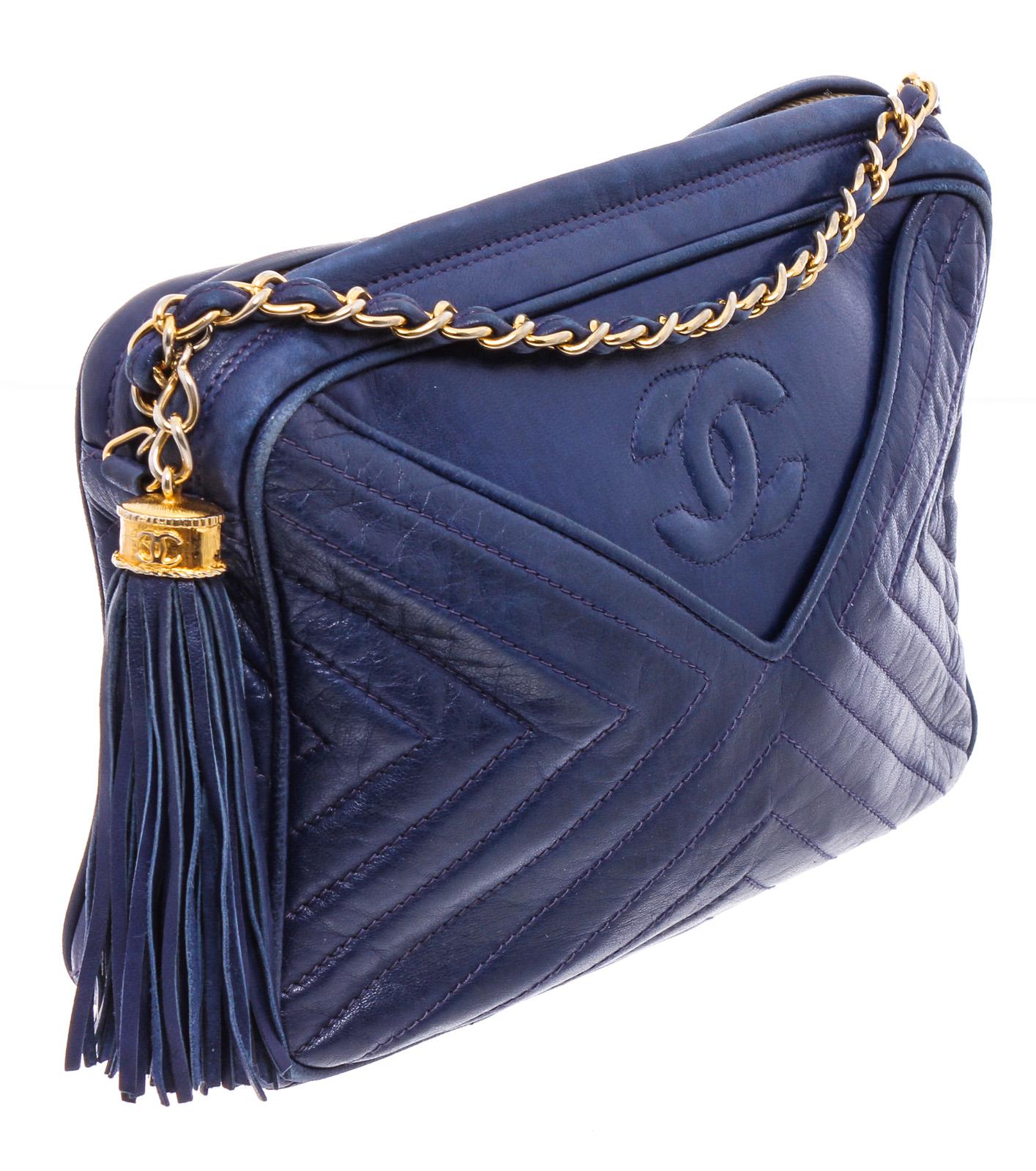 Women's Chanel Blue Lambskin Chevron Tassel Camera Shoulder Bag