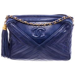 Chanel Blue Lambskin Chevron Tassel Camera Shoulder Bag