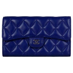 Chanel Blue Lambskin Leather Quilted Large Gusset Flap Wallet