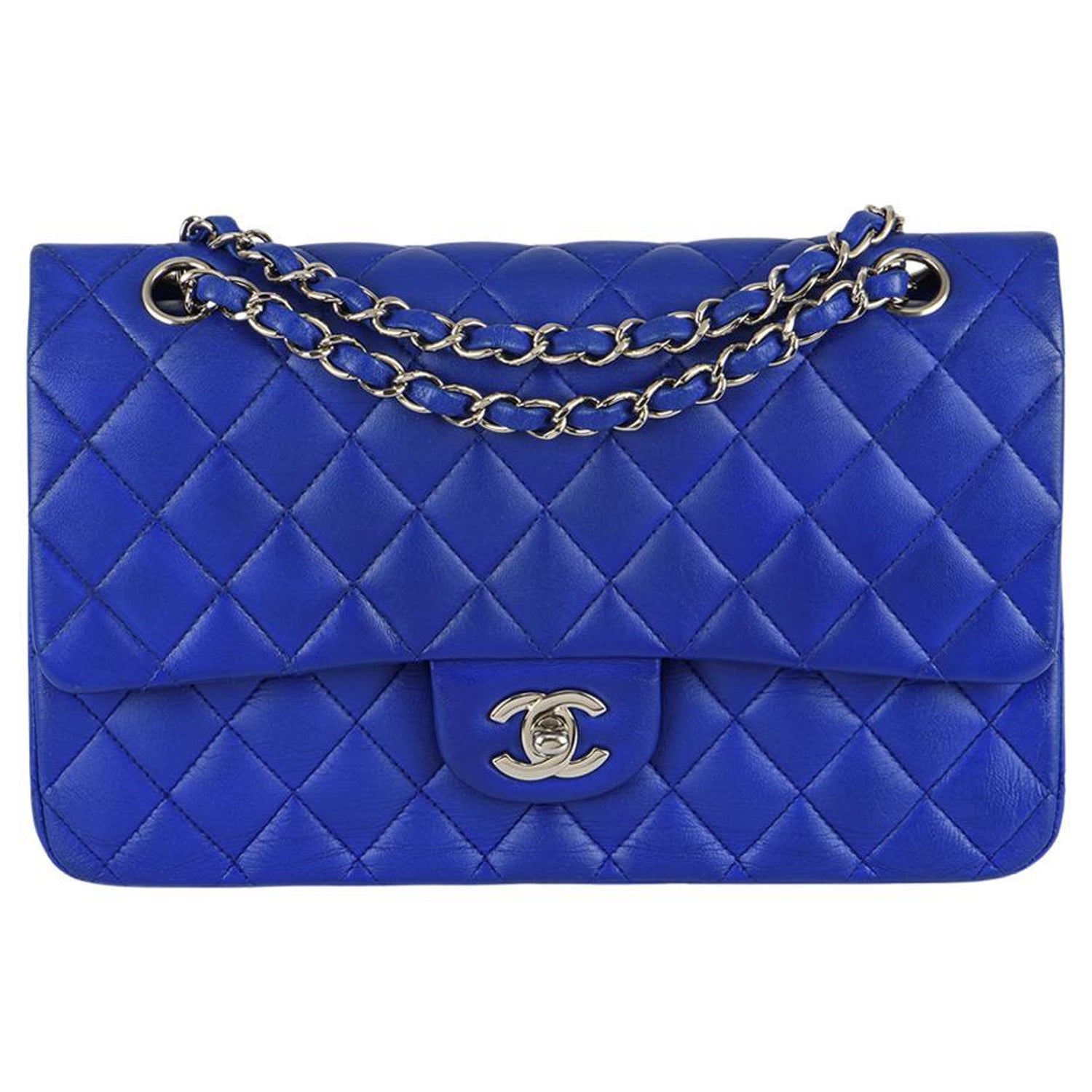 Chanel Blue Lambskin Classic Double Bag SHW at