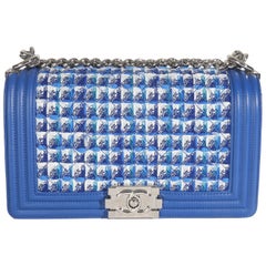 Chanel Blau Lammfell gesteppt Tweed Old Medium Boy Tasche