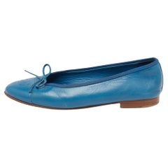 Chanel Blue Leather Bow CC Cap Toe Ballet Flats Size 38.5