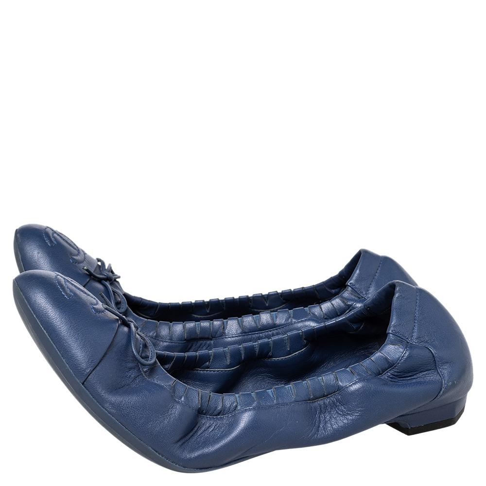 Chanel Blue Leather CC Bow Scrunch Ballet Flats Size 39 1