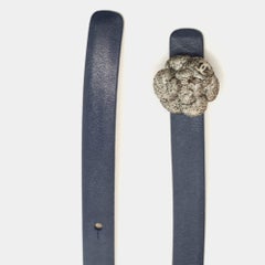 Chanel Blue Leather CC Camellia Buckle Reversible Slim Belt 85CM