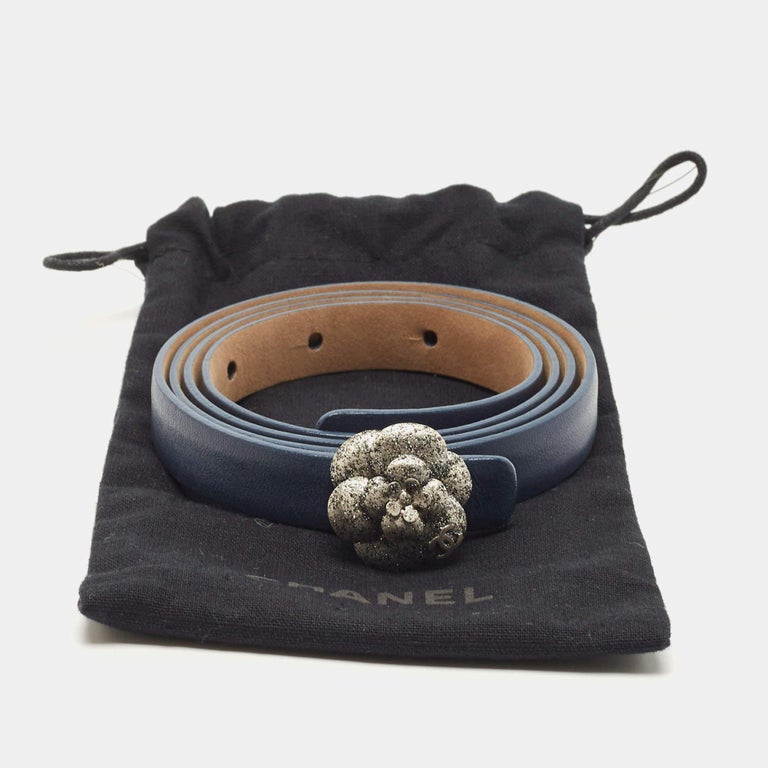 Chanel Blue Leather CC Camellia Buckle Reversible Slim Belt 85CM at 1stDibs