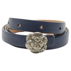 Chanel Blue Leather CC Camellia Buckle Reversible Slim Belt 85CM