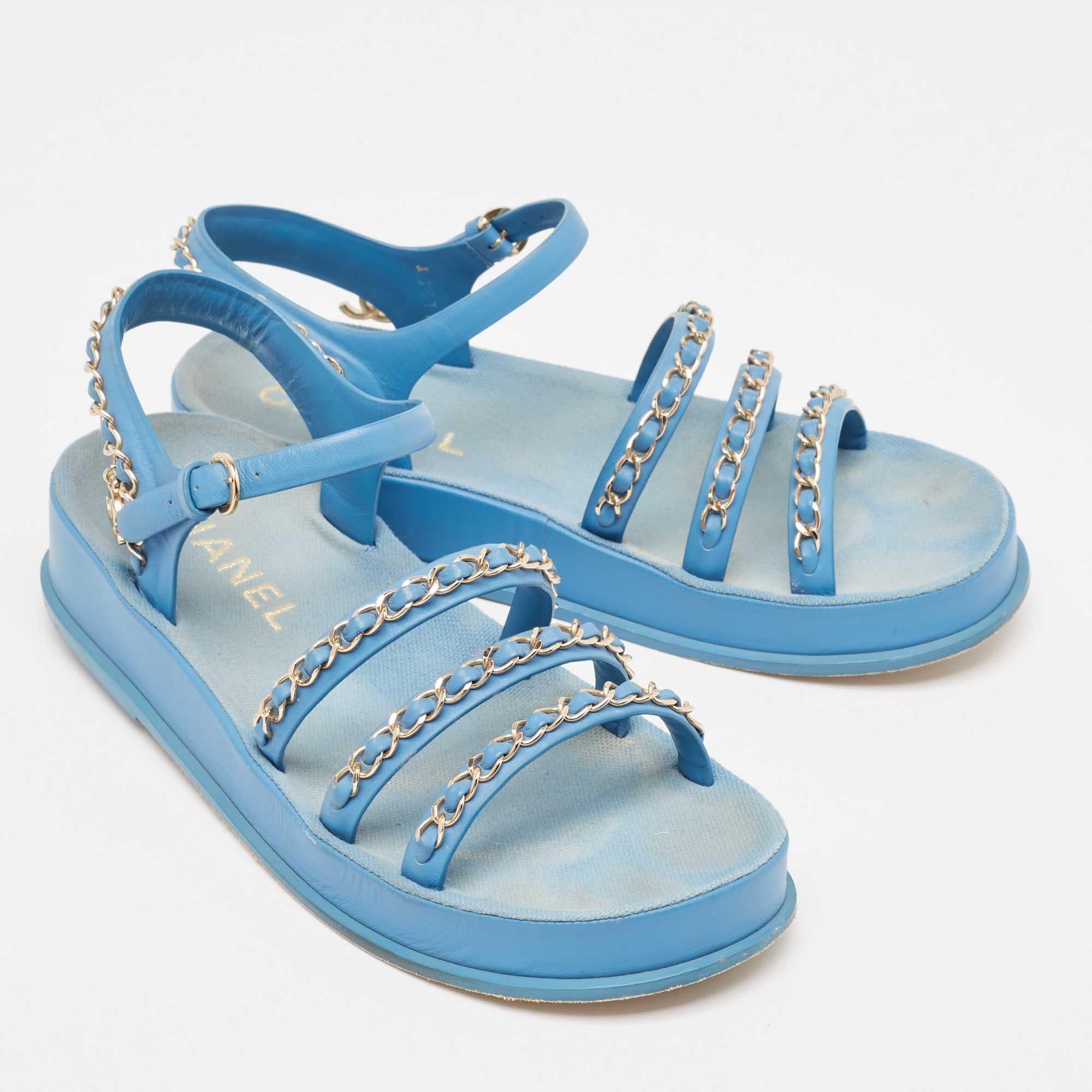 Women's Chanel Blue Leather CC Chain Link Ankle Strap Sandals Size 38