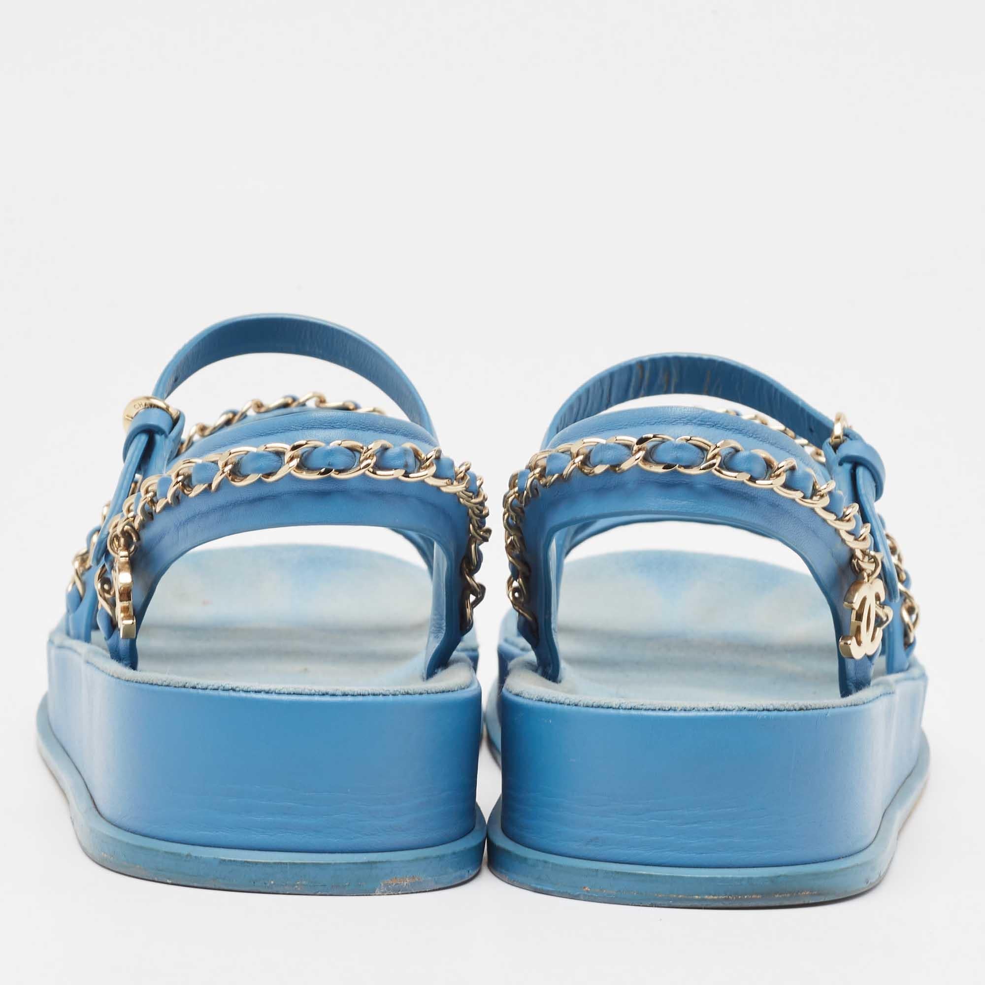 Chanel Blue Leather CC Chain Link Ankle Strap Sandals Size 38 1