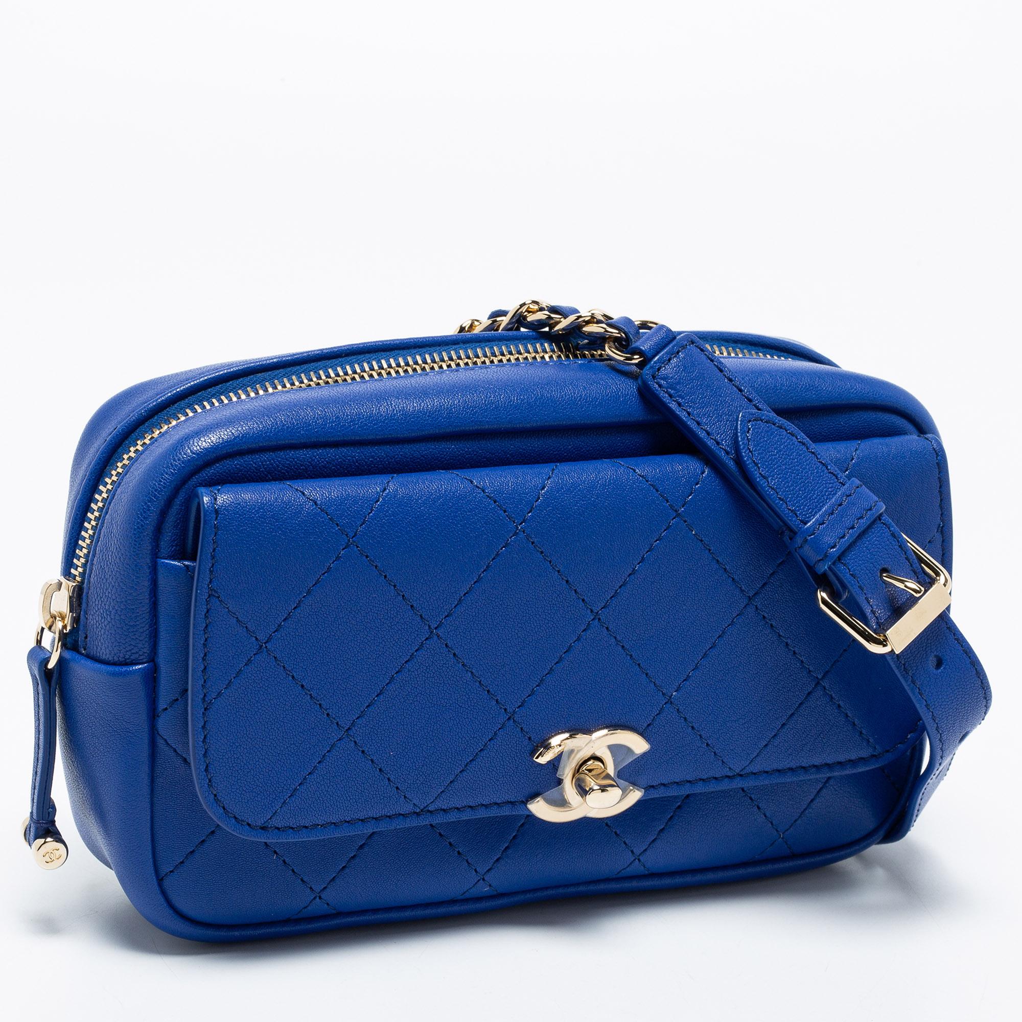 Chanel Blue Leather CC Flap Belt Bag In New Condition In Dubai, Al Qouz 2
