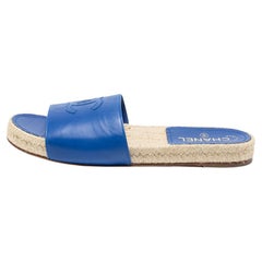 Chanel Blue Leather CC Logo Flat Espadrille Slides Size 40