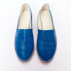 CHANEL blue leather CC logo jute espadrille shoes EU38