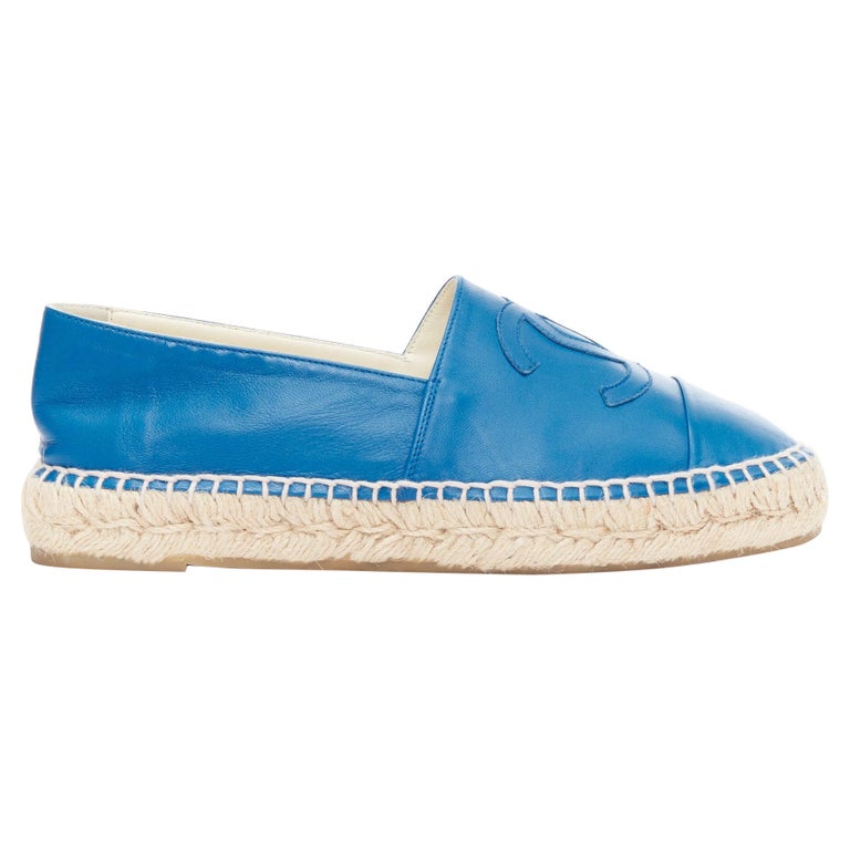 CHANEL blue leather CC logo jute espadrille shoes EU38 at 1stDibs