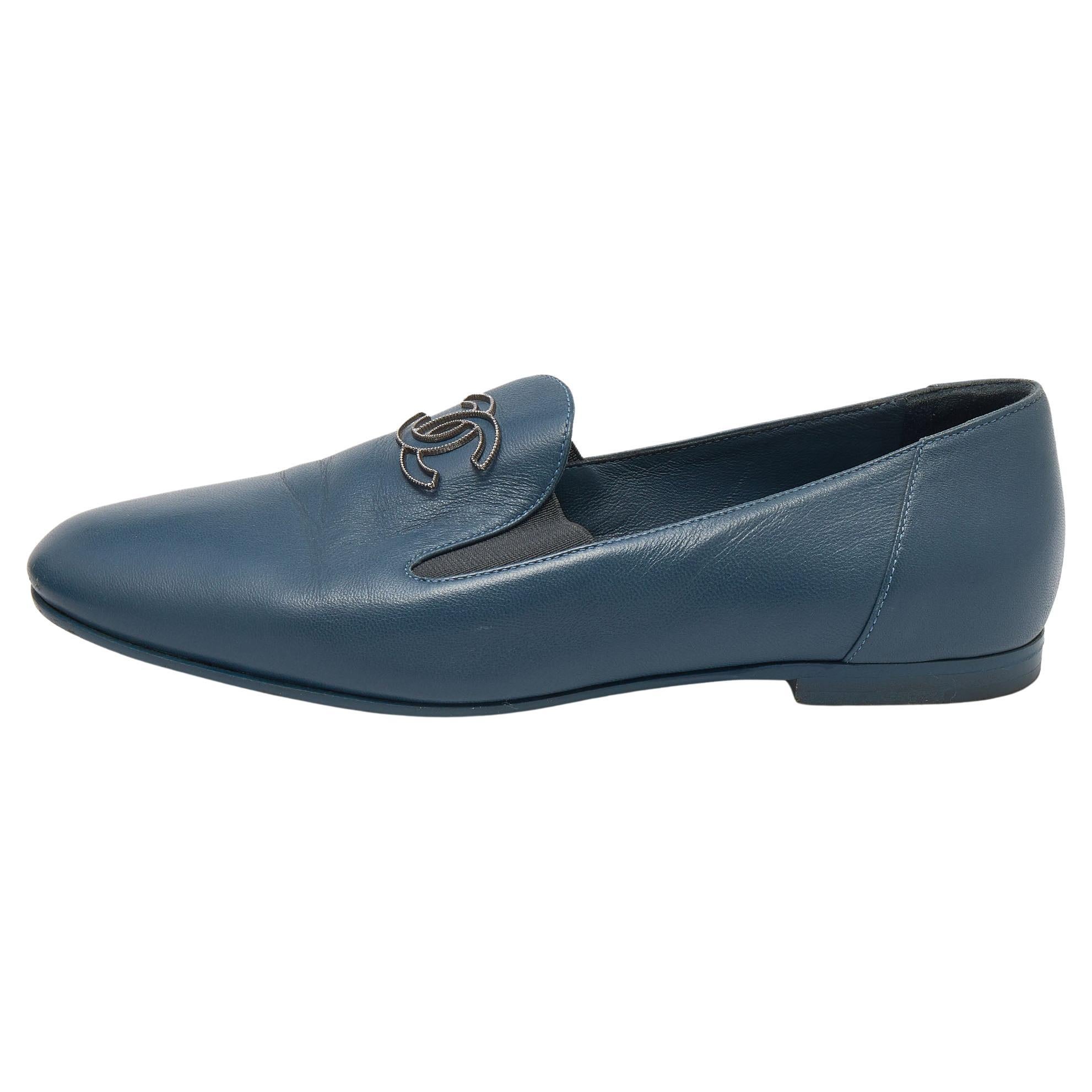Chanel Blue Leather CC Slip On Loafers Size 36.5 at 1stDibs