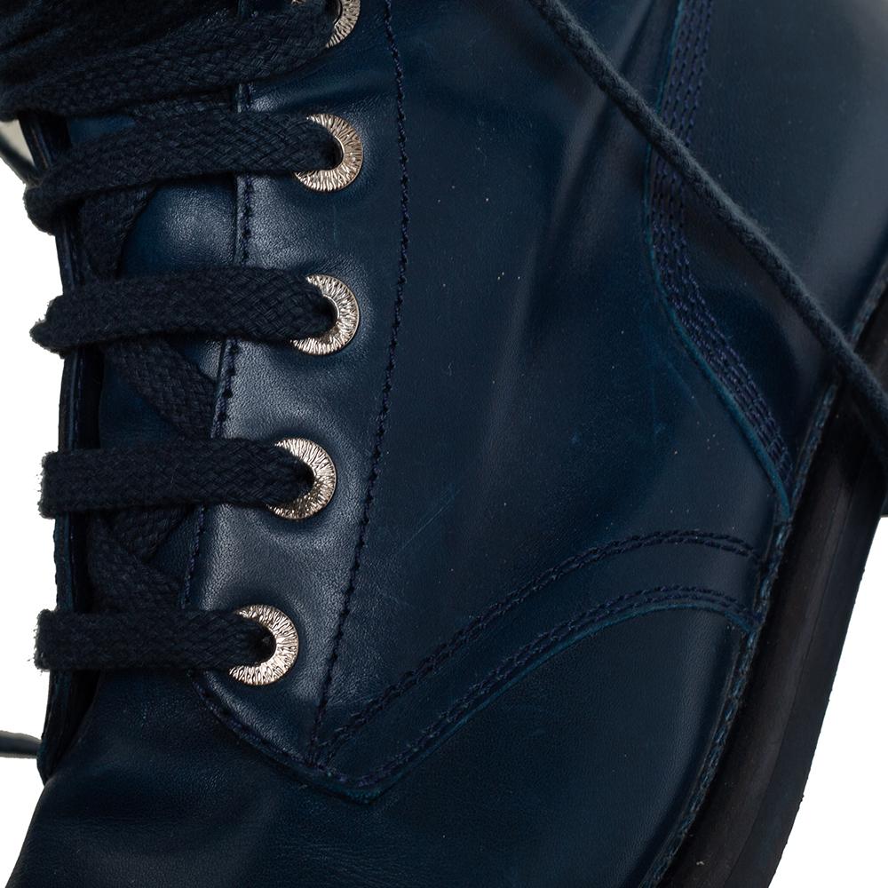 Chanel Blue Leather Combat Lace Up Mid Calf Boots Size 38.5 In Good Condition In Dubai, Al Qouz 2