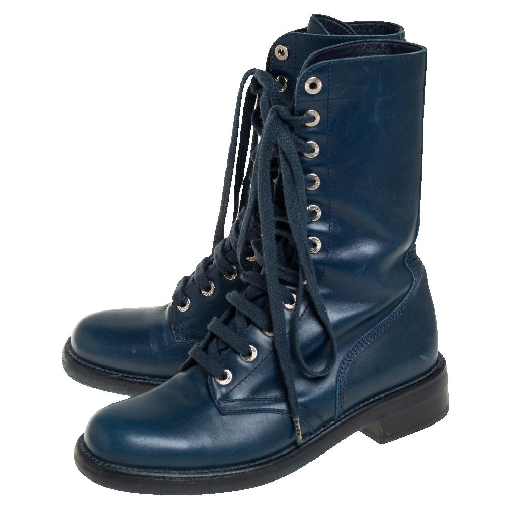Women's Chanel Blue Leather Combat Lace Up Mid Calf Boots Size 38.5