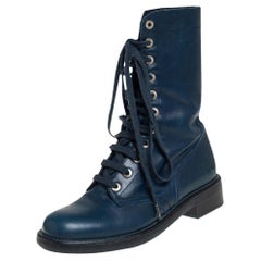 Chanel Blue Leather Combat Lace Up Mid Calf Boots Size 38.5