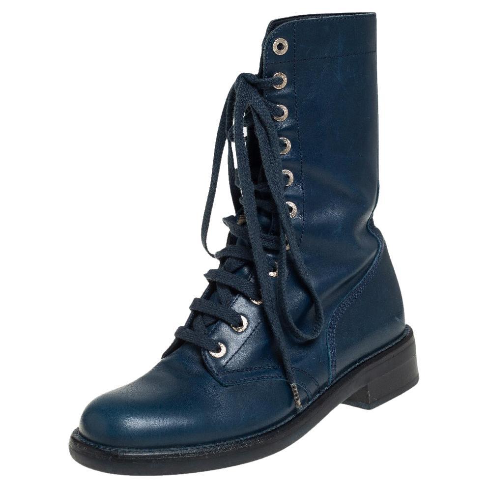  Chanel Blue Leather Combat Lace Up Mid Calf Boots Size 38.5