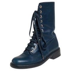  Chanel Blue Leather Combat Lace Up Mid Calf Boots Size 38.5
