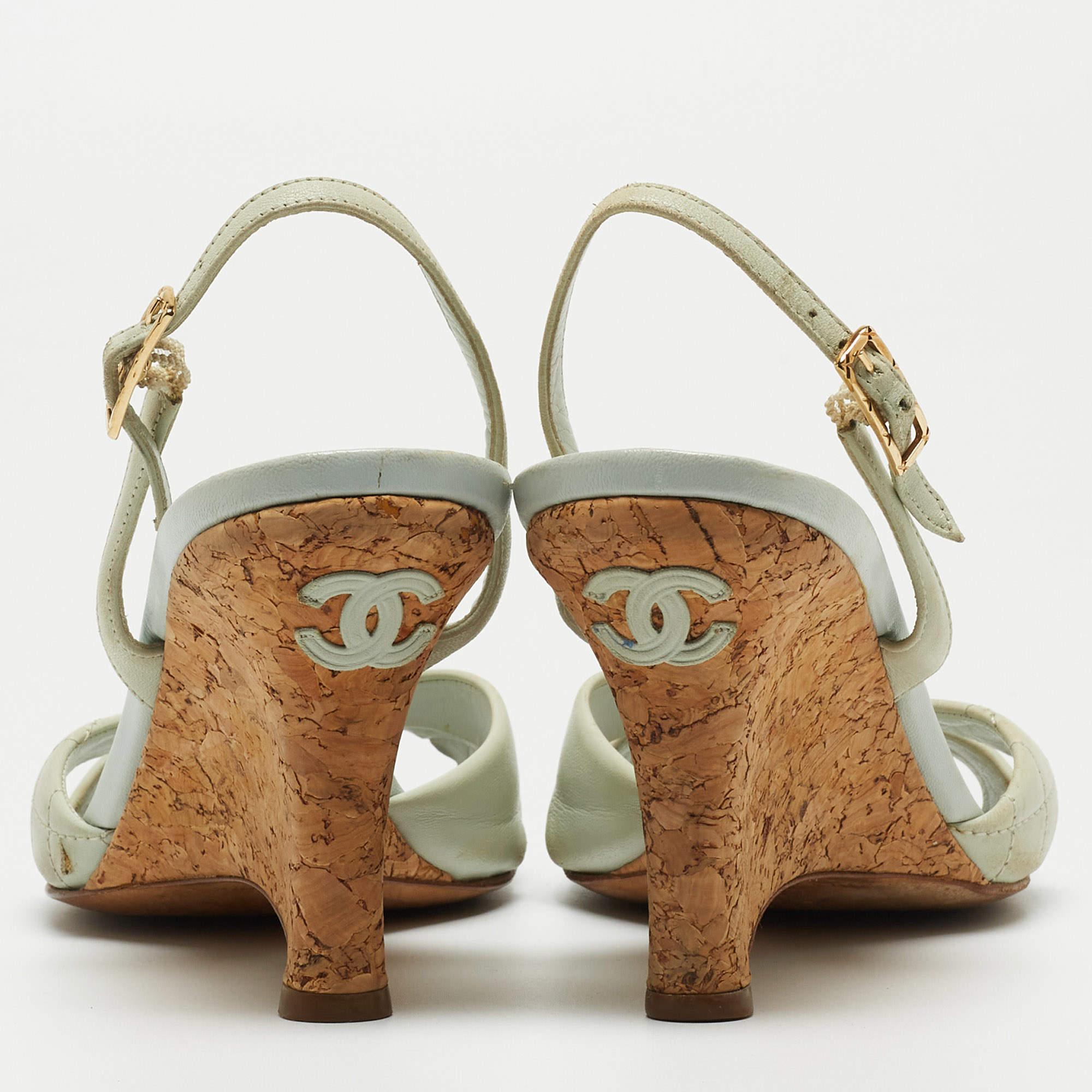 Chanel Blue Leather Cork Wedge Ankle Strap Sandals 1
