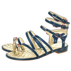 Chanel Blue Leather Embellished Toe Ring Gladiator Flat Sandals Size 36.5